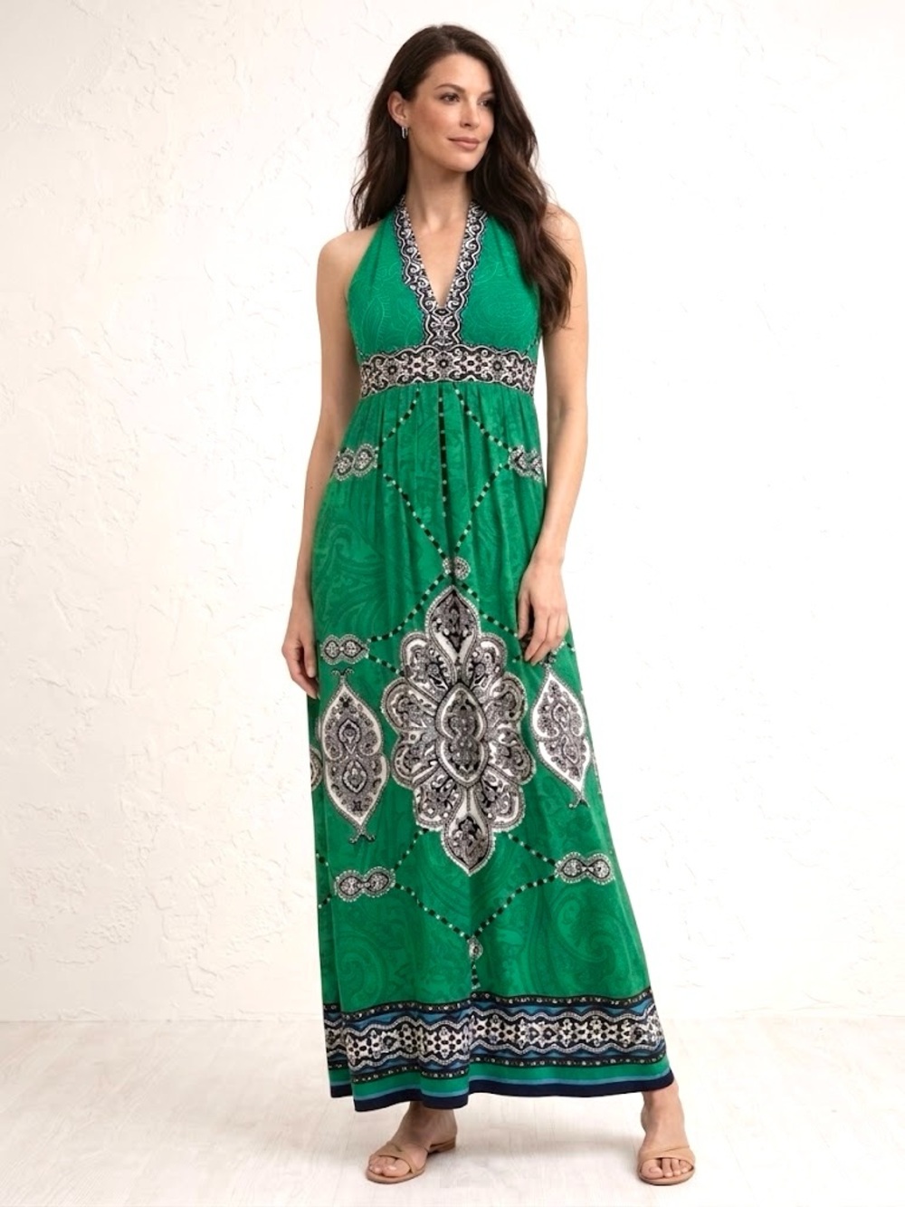 Ronni Nicole Green Paisley Halter Boho Chic Maxi Dress Sleeveless Patterned 12